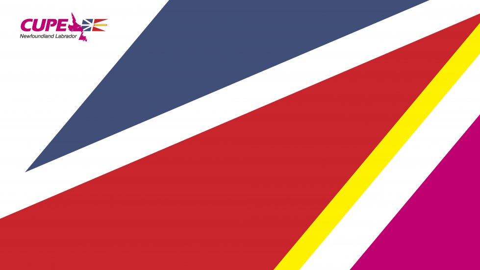 Background image for virtual calls. CUPE NL logo and five-colour background; white, pink, blue, red and pink